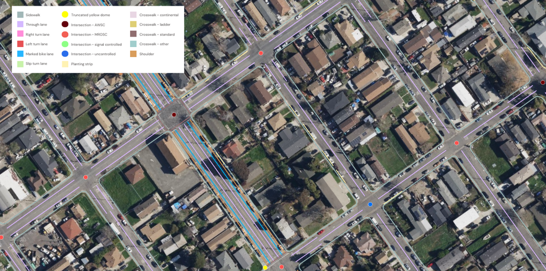 A sample of the advanced transportation features extracted by Ecopia AI in Contra Costa County, California. The dataset includes bike lanes, various crosswalk types, and more, offering a comprehensive view of bike and pedestrian infrastructure.