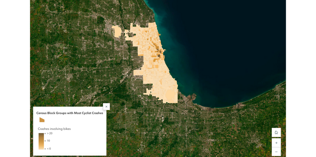 Map showing 2023 crashes involving cyclists by census block group in the Chicago region.