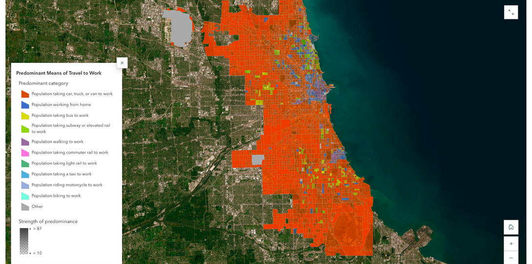 Map showing how commuting behavior varies by location in the Chicago region.