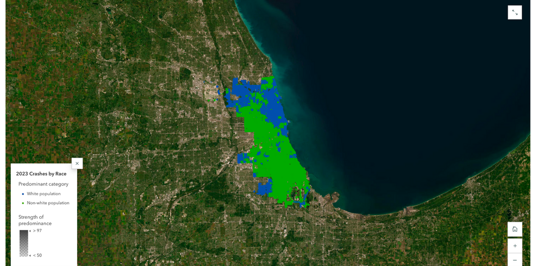 Map showing 2023 crashes in the Chicago region broken down by race.