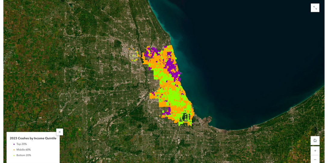 Map showing the classification of census block groups by median household income quintiles, used to analyze the relationship between income levels and traffic crashes in 2023.