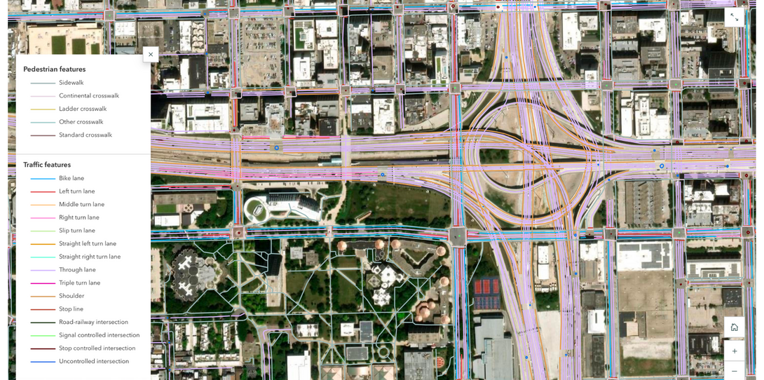 Map showing a sample of Ecopia’s Advanced Transportation Feature data extracted in Chicago.