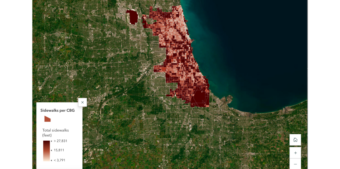 Map showing how sidewalk availability varies by census block group (CBG) in Chicago.