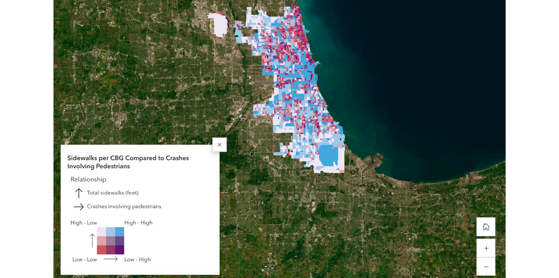 Map examining how sidewalk availability varies by census block group (CBG) in Chicago.