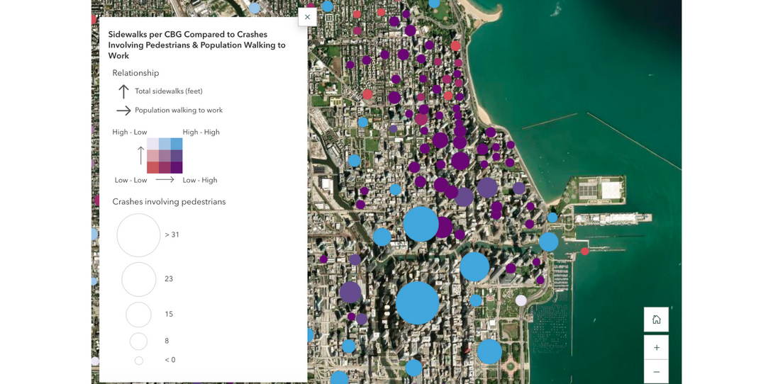 Map comparing sidewalk availability per census block group (CBG) to pedestrian-involved crashes and populations walking to work.