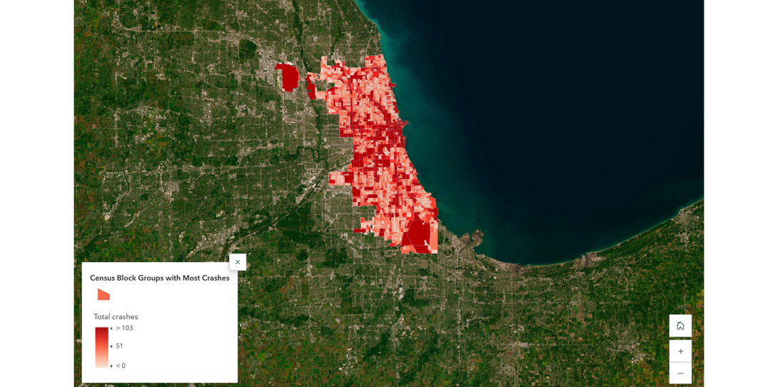 Map showing 2023 motor vehicle crashes in Chicago, broken down by census block group.