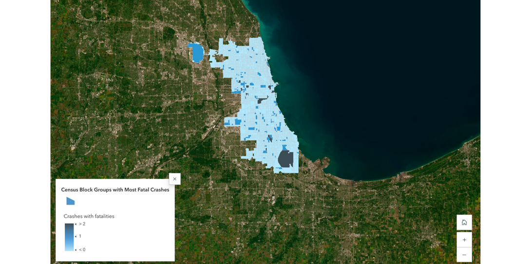 Map showing 2023 fatal crashes by census block group in the Chicago region.