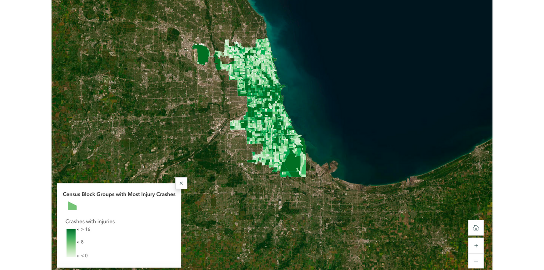 Map showing 2023 crashes involving injuries by census block group in the Chicago region.