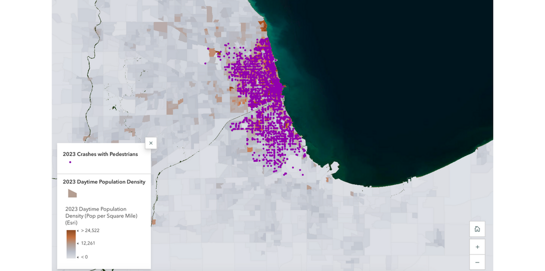 Map showing that 2023 pedestrian-involved crashes are most likely to occur in the urban downtown area of Chicago.