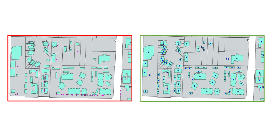 Traditional address geocoding vs Ecopia’s building-based geocoding; underwriters relying on traditional geocoding methods risk under- or overpricing policies with inaccurate representations of building locations