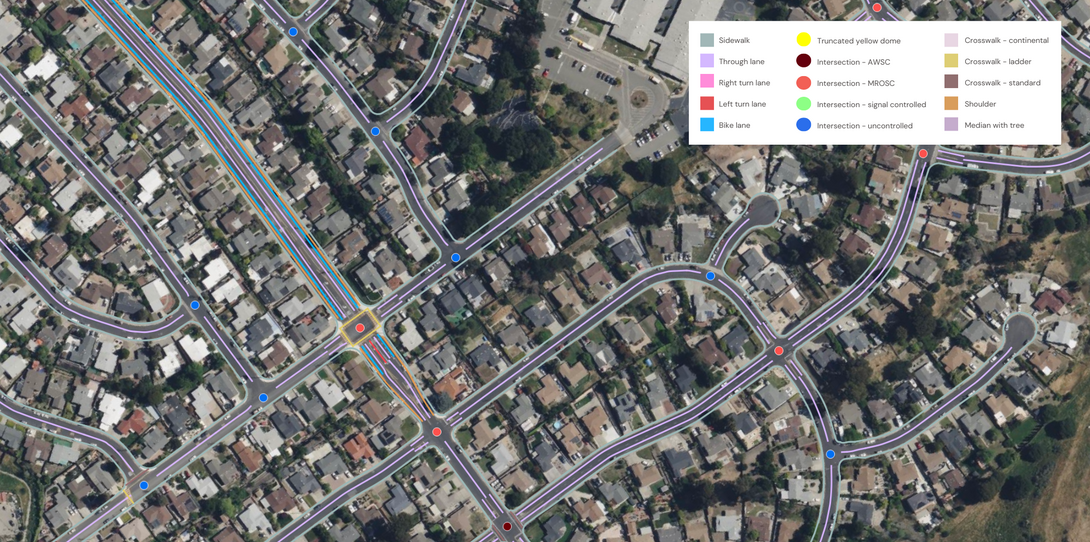 A sample of advanced transportation features extracted by Ecopia AI in Contra Costa County to support safe and complete streets. In just 2 months, Ecopia extracted transportation feature vector data for over 2,000 miles of road from aerial imagery.