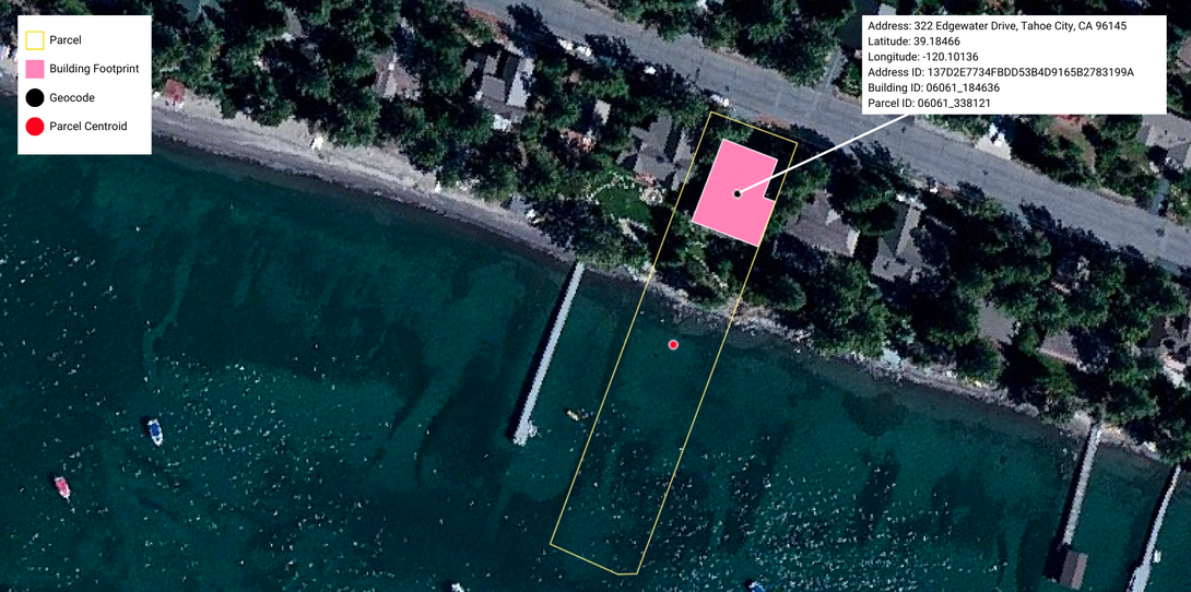 An example of how an incorrectly geocoded address can impact a carrier’s understanding of flood risk, and the underwriting process for that property; in this example, a parcel centroid geocode is within a lake, while the actual building lies inland. 