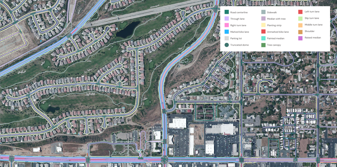 A sample of the advanced transportation features extracted by Ecopia AI in Yucaipa, California.