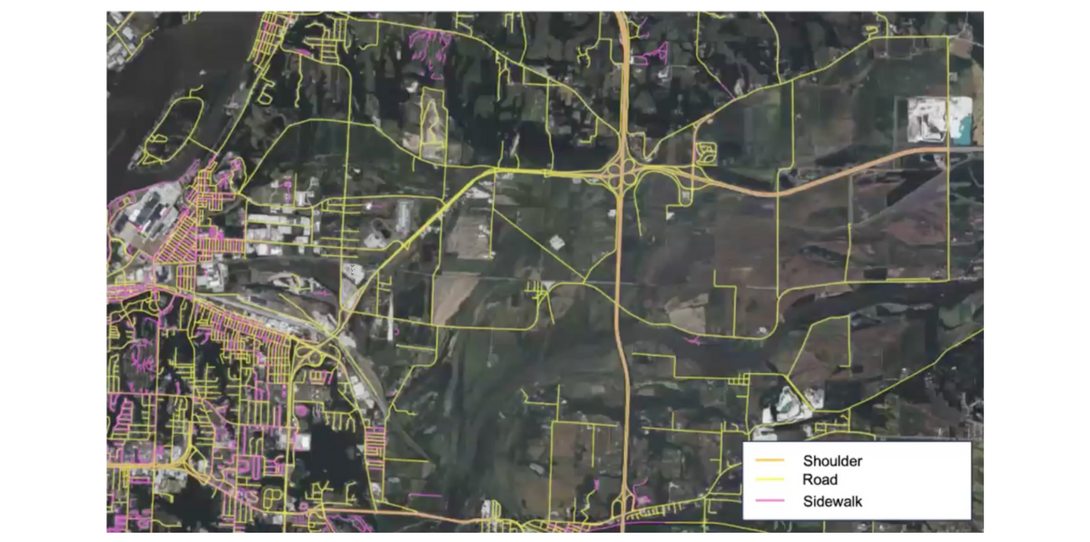 A sample of transportation features extracted by Ecopia AI in Moline, Illinois. 