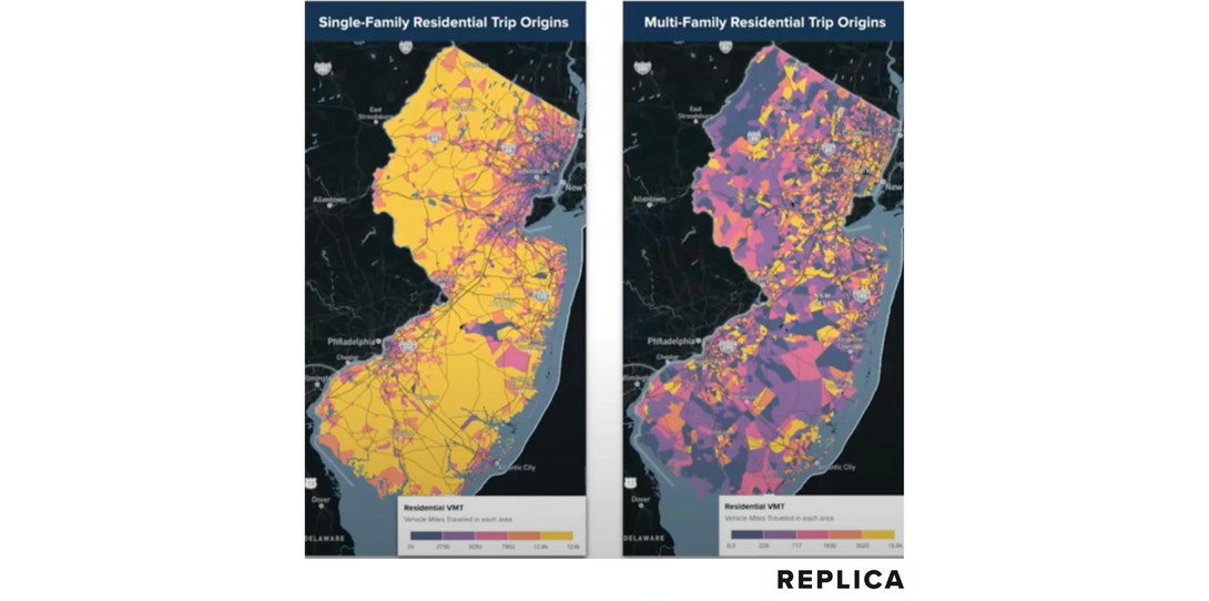 Replica’s maps illustrate single-family residential trips on the left and multi-family residential trips on the right, with yellow indicating the highest volume of trips.