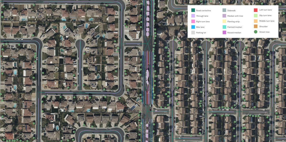 A sample of the detailed transportation features extracted by Ecopia AI in San Bernardino County.