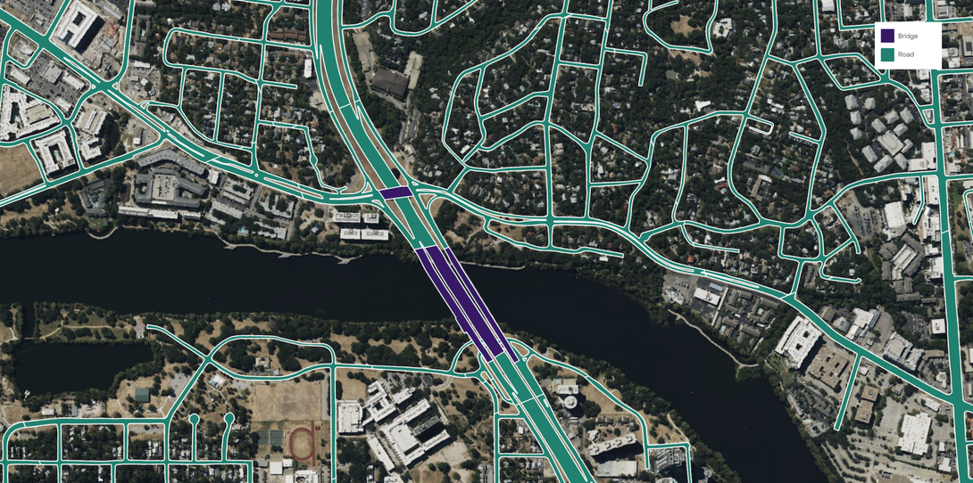 A sample of the detailed features extracted by Ecopia AI in Austin, Texas for TxDOT.