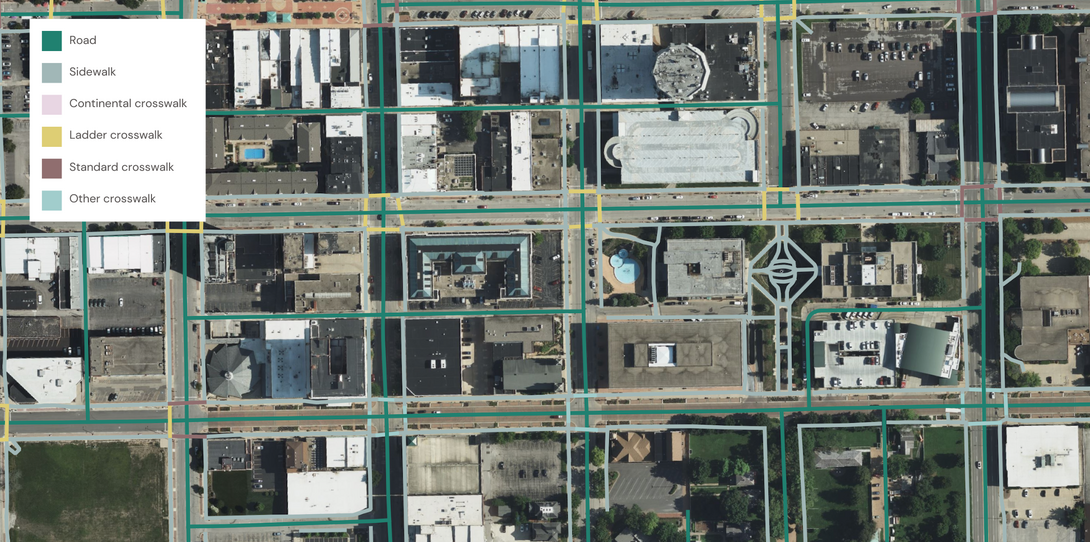 Crosswalk, sidewalk, and road data extracted from geospatial imagery