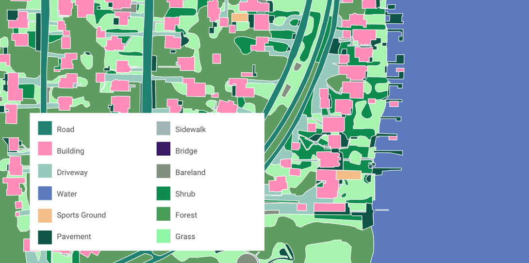 A sample of planimetric-level land cover vector data provided by Ecopia to King County for various climate resilience use cases.