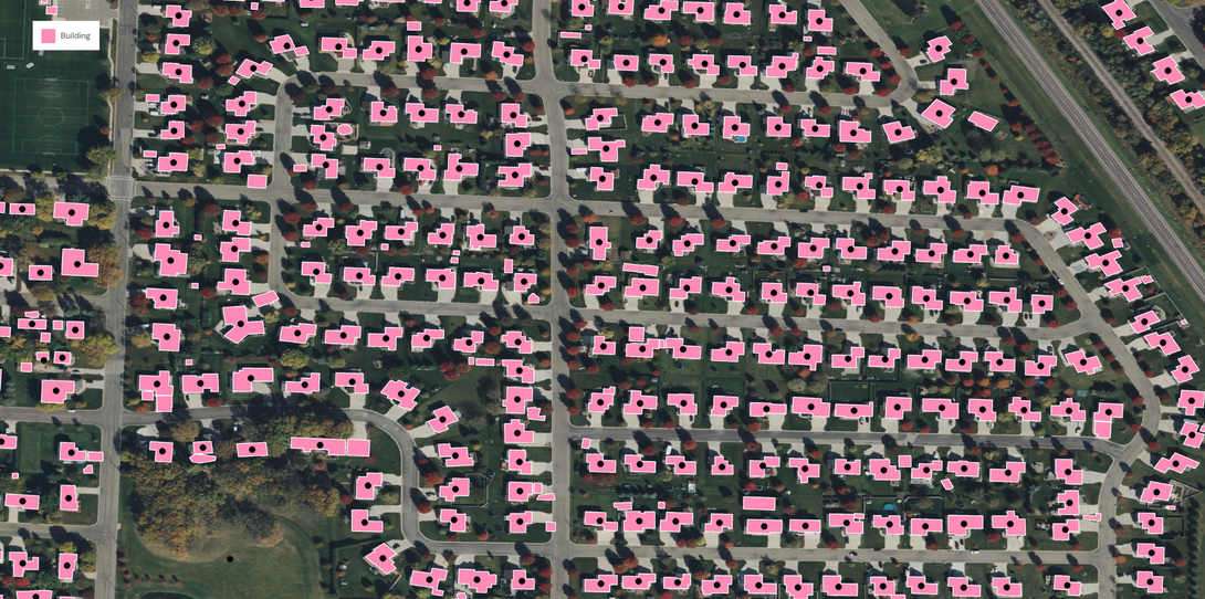 A sample of Ecopia’s AI-powered Building-Based Geocoding data, derived from high-resolution imagery in Owatonna, Minnesota.