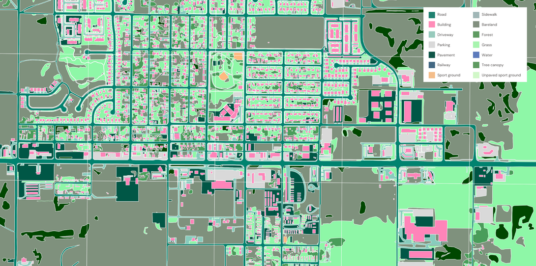 A sample of the detailed land cover data extracted by Ecopia AI in Airway Heights, Washington.