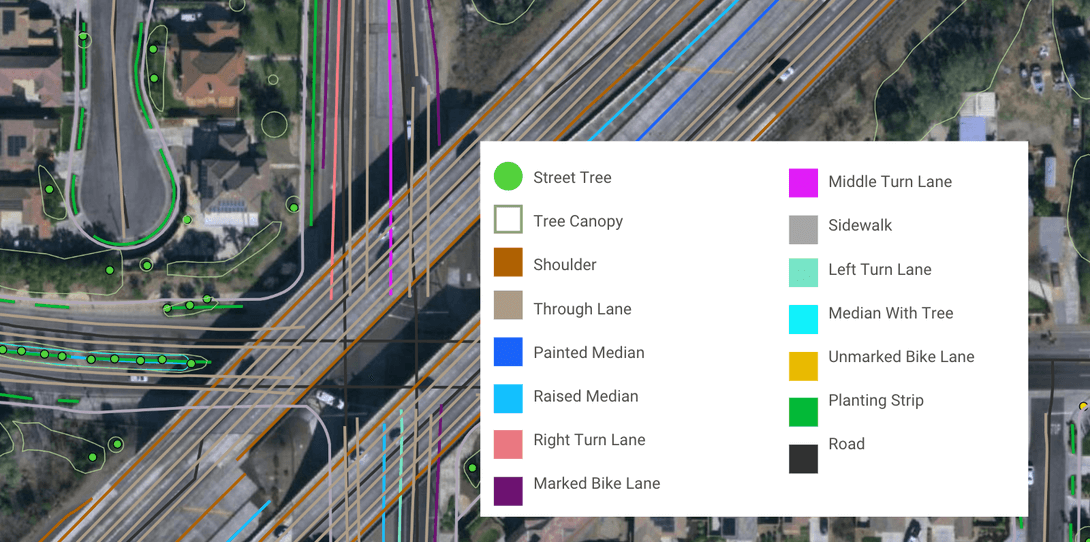 A sample of land cover data, including tree canopy and advanced transportation features, extracted from geospatial imagery by Ecopia in Rancho Cucamonga, California