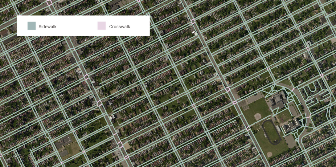 Pedestrian RoW map example with sidewalks and crosswalks