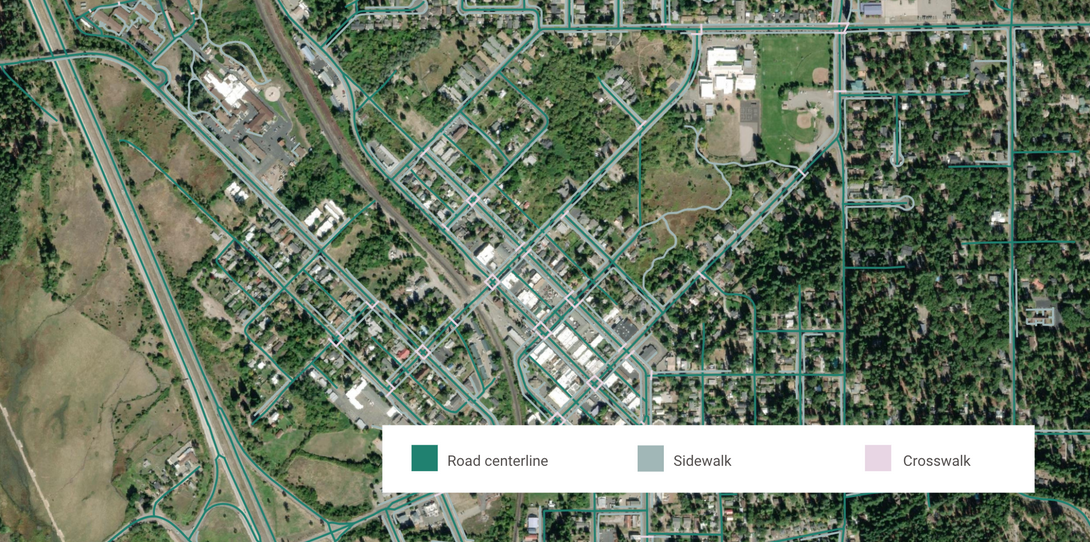 Active transportation planning map example with sidewalks and crosswalks