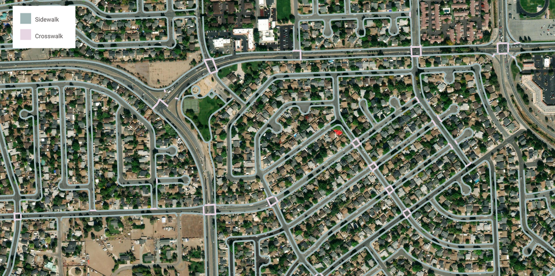 A sample of sidewalk and crosswalk map features, important inputs to ADA compliance analysis, in Reno, Nevada