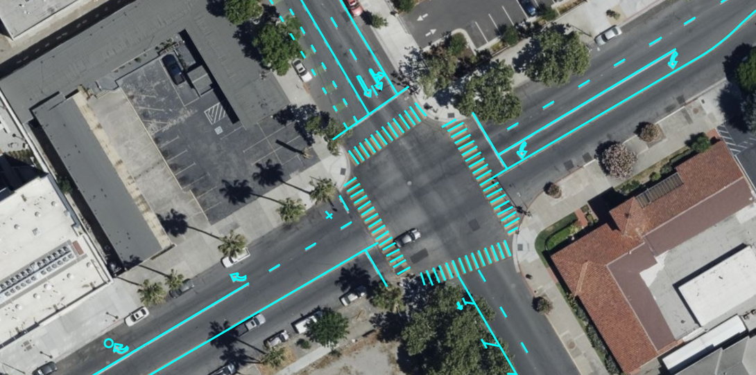 Road markings and paint striping map data for civil engineering