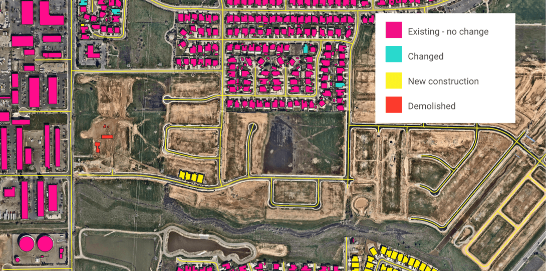 Building footprints in Sacramento, CA, highlighting detected changes by Ecopia AI