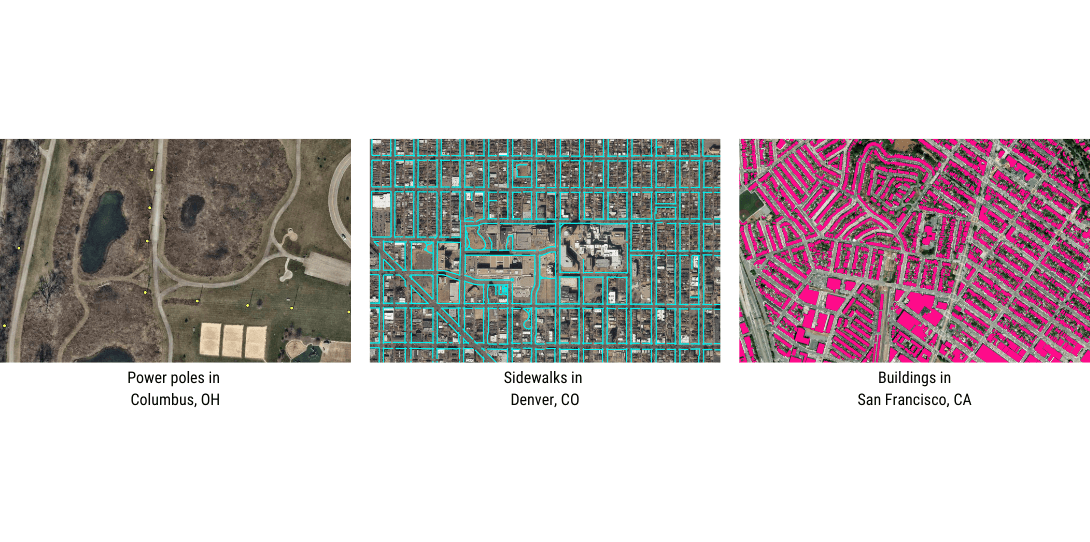 Samples of point, line, and polygon vector data extracted by Ecopia AI