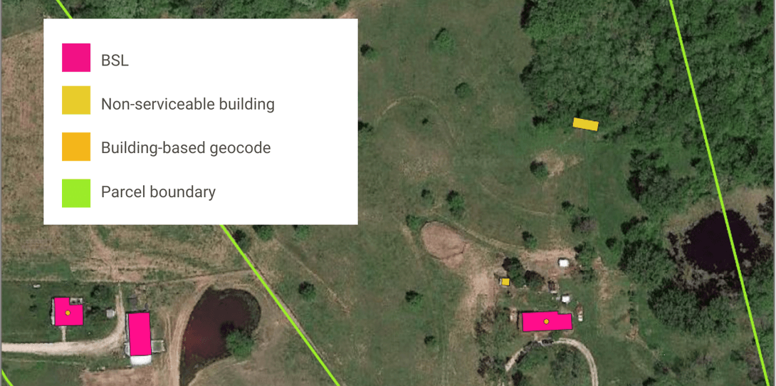 Ecopia AI’s building footprint and building-based geocodes in relation to parcel boundaries for telecommunication network planning