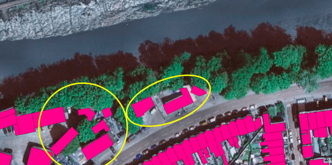 HD Vector Map of Building Footprints in Bristol, England - highlighting visual obstructions caused by trees