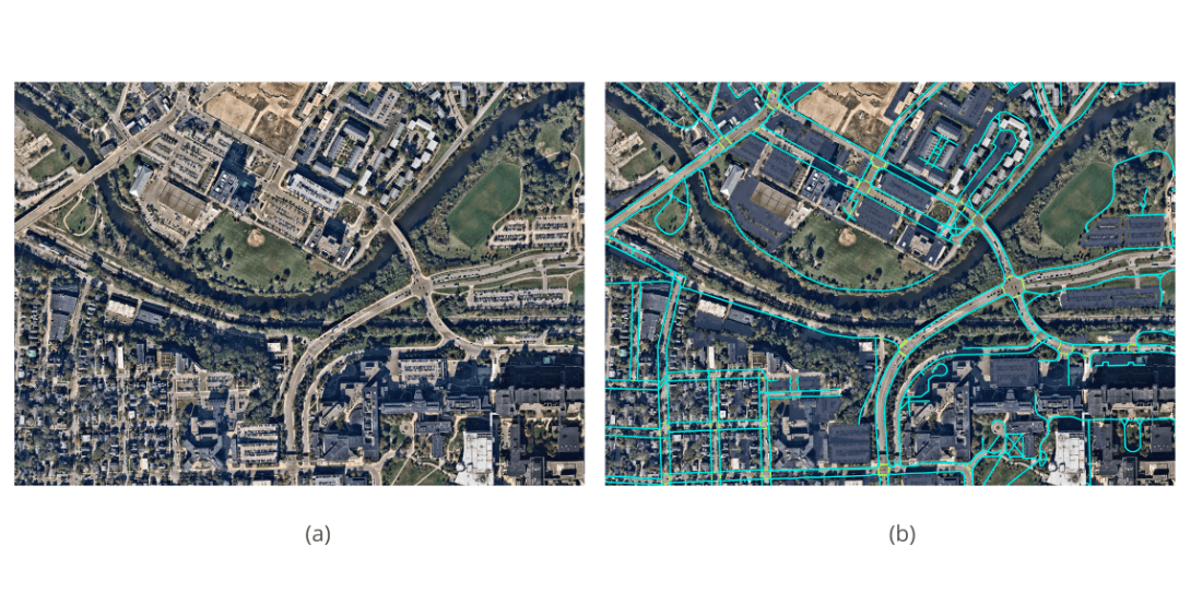 Aerial view of southeastern Michigan and vectors extracted by Ecopia