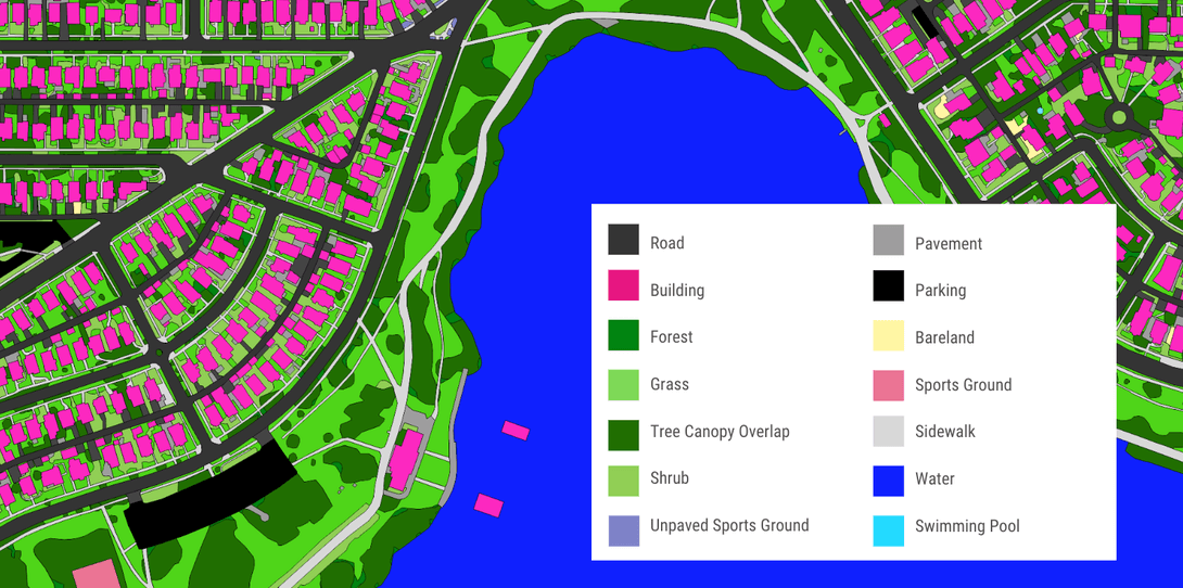 A sample of land cover data produced by Ecopia in King County Washington, detailing impervious and pervious features for use in climate resilience planning