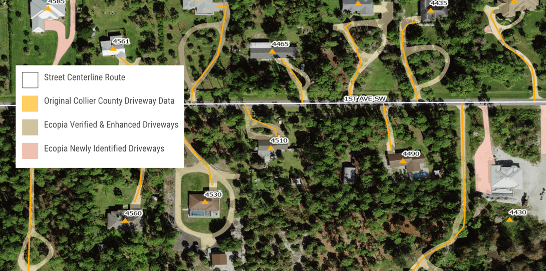 Example of optimized routes for emergency response teams using Ecopia driveway data vs previous method of street centerlines