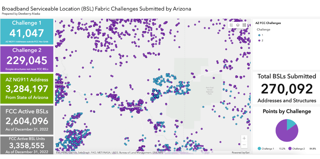 A snapshot of the dashboard Dewberry prepared for the State of Arizona to track challenges to the FCC’s BSL database