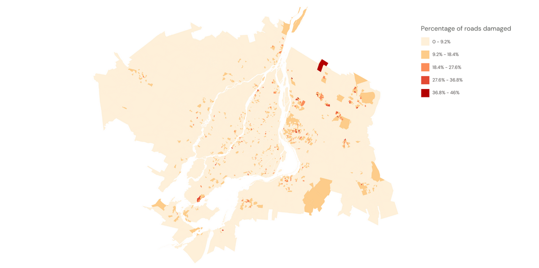 Areas with damaged roads in Montreal